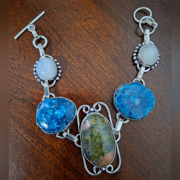 New Unakite, Rainbow Moonstone, Agate Geode Slice 925 Silver Bracelet. - Picture 2 of 10